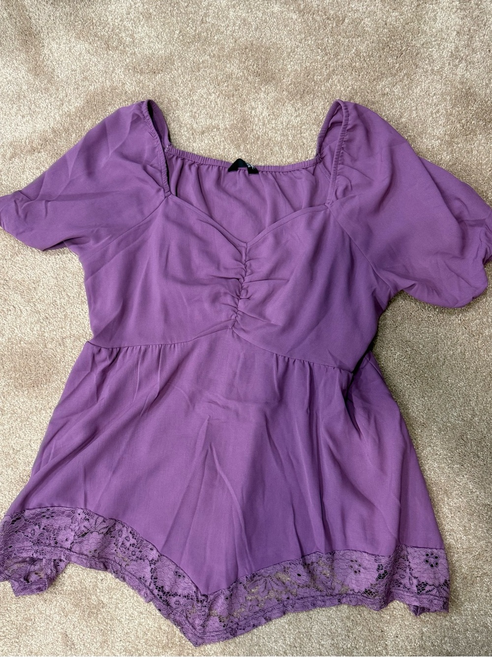 BloomChic Purple Ruched Peplum Top with Lace Trim